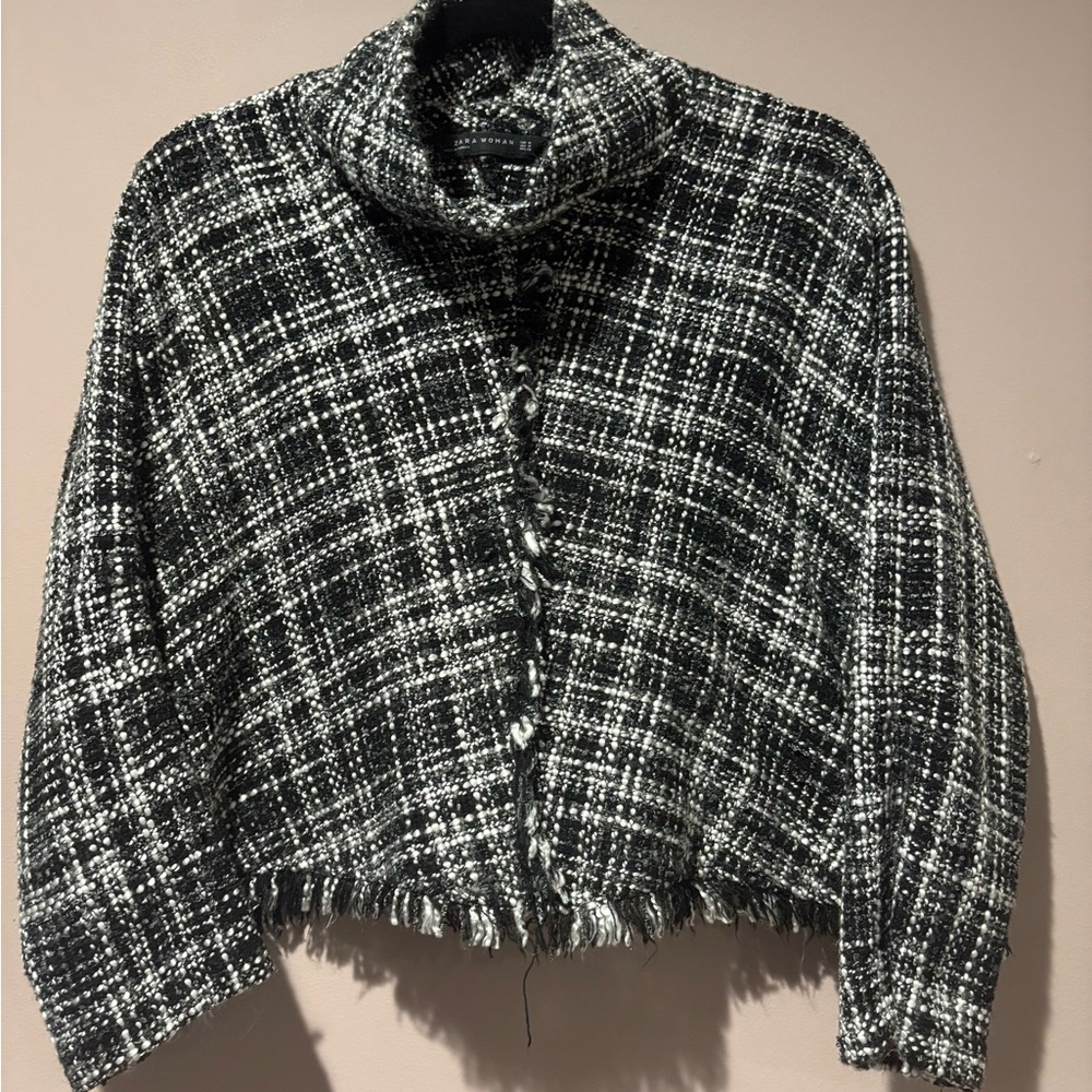 Zara Black and White Checkered Turtleneck Sweater
